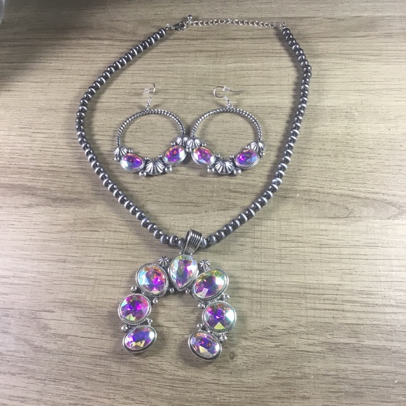 Athena Galore Jewelry - Multicolored Squash Blossom Silver and Pink Jewelry Necklace Earrings Set